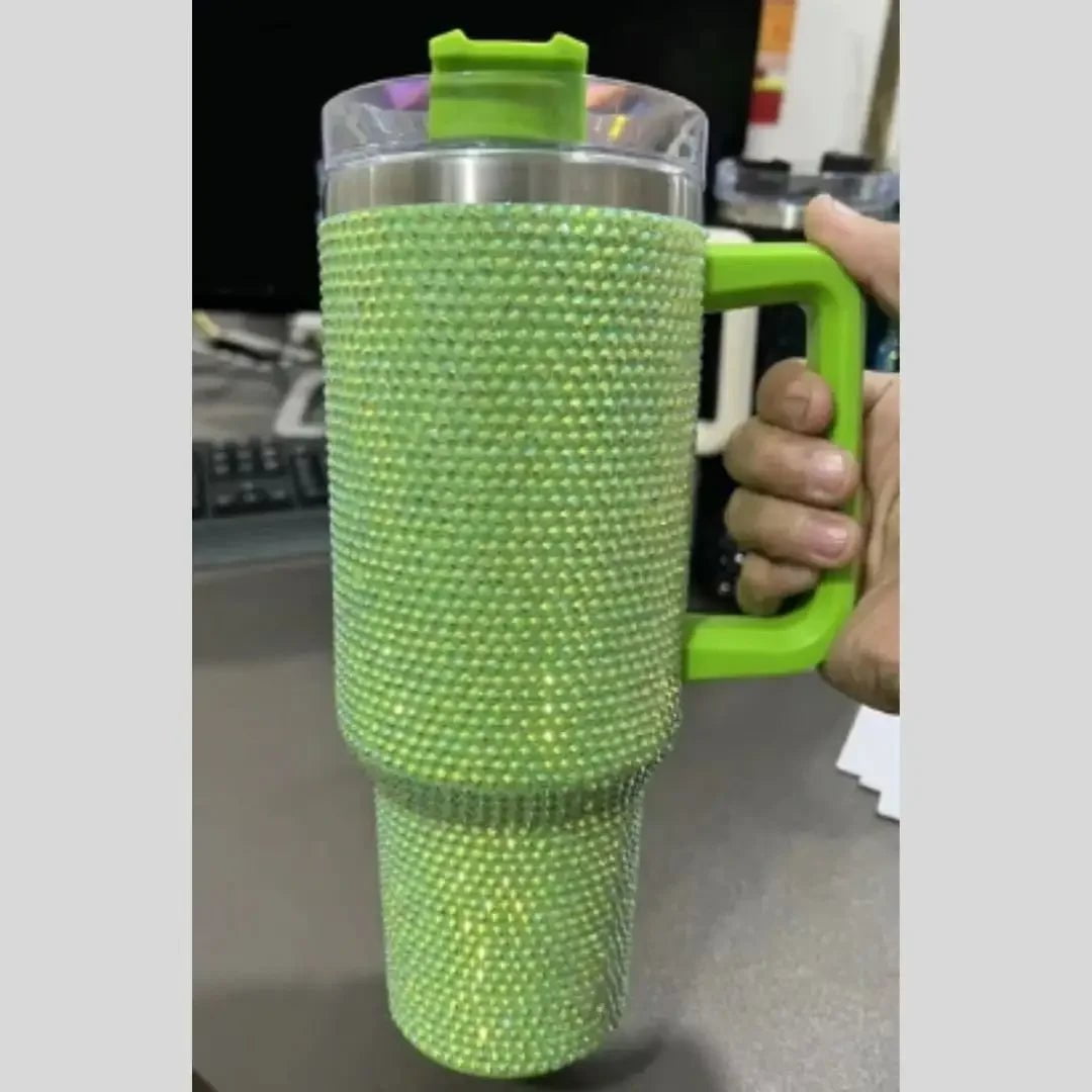 Personalized Rhinestone 40oz Stainless Steel Tumbler with Handle, Lid, and Straw No customize / green