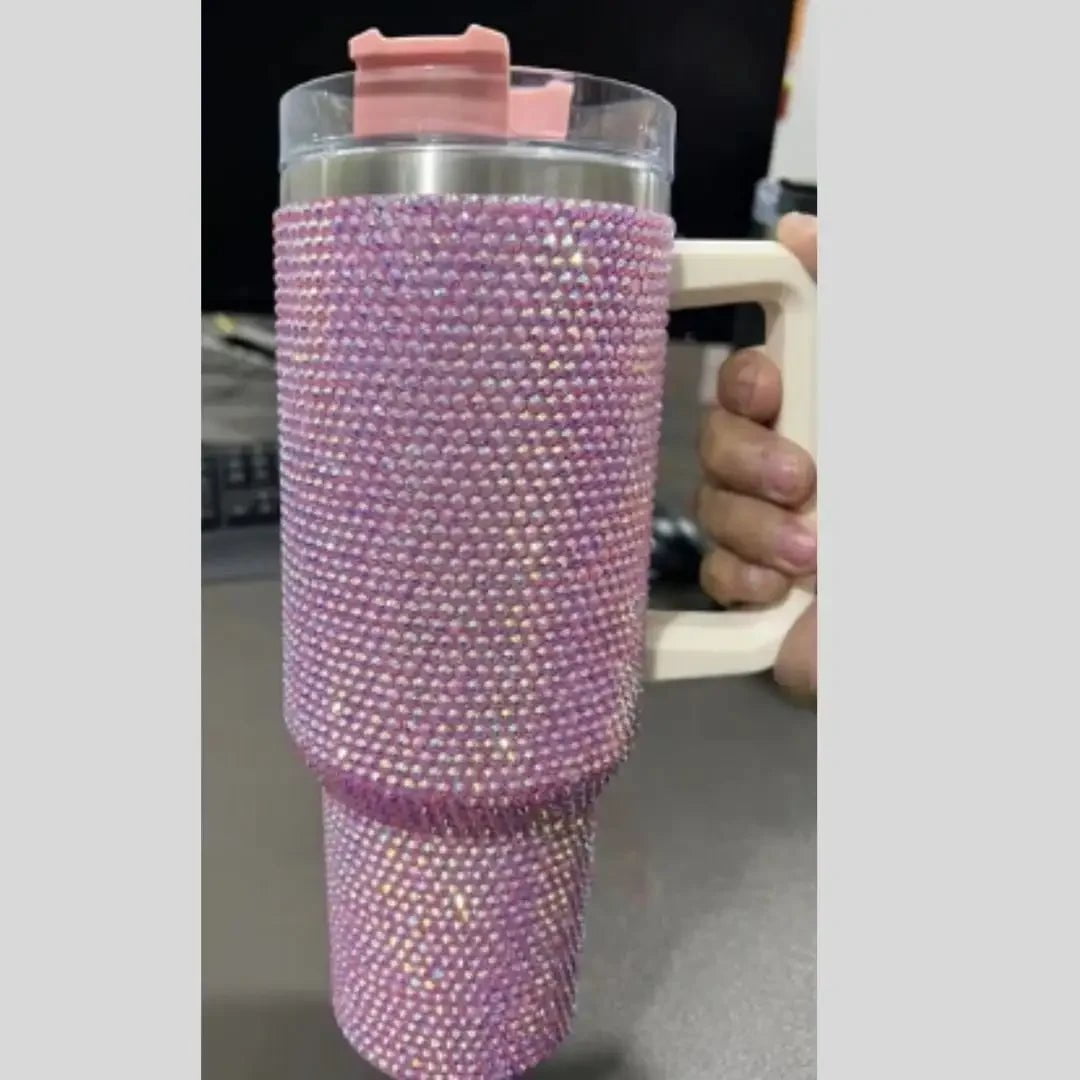 Personalized Rhinestone 40oz Stainless Steel Tumbler with Handle, Lid, and Straw No customize / Pink