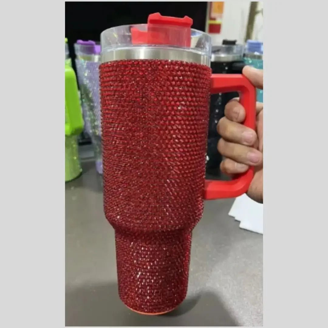 Personalized Rhinestone 40oz Stainless Steel Tumbler with Handle, Lid, and Straw No customize / Red