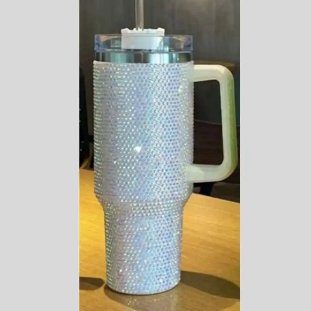 Personalized Rhinestone 40oz Stainless Steel Tumbler with Handle, Lid, and Straw No customize / White