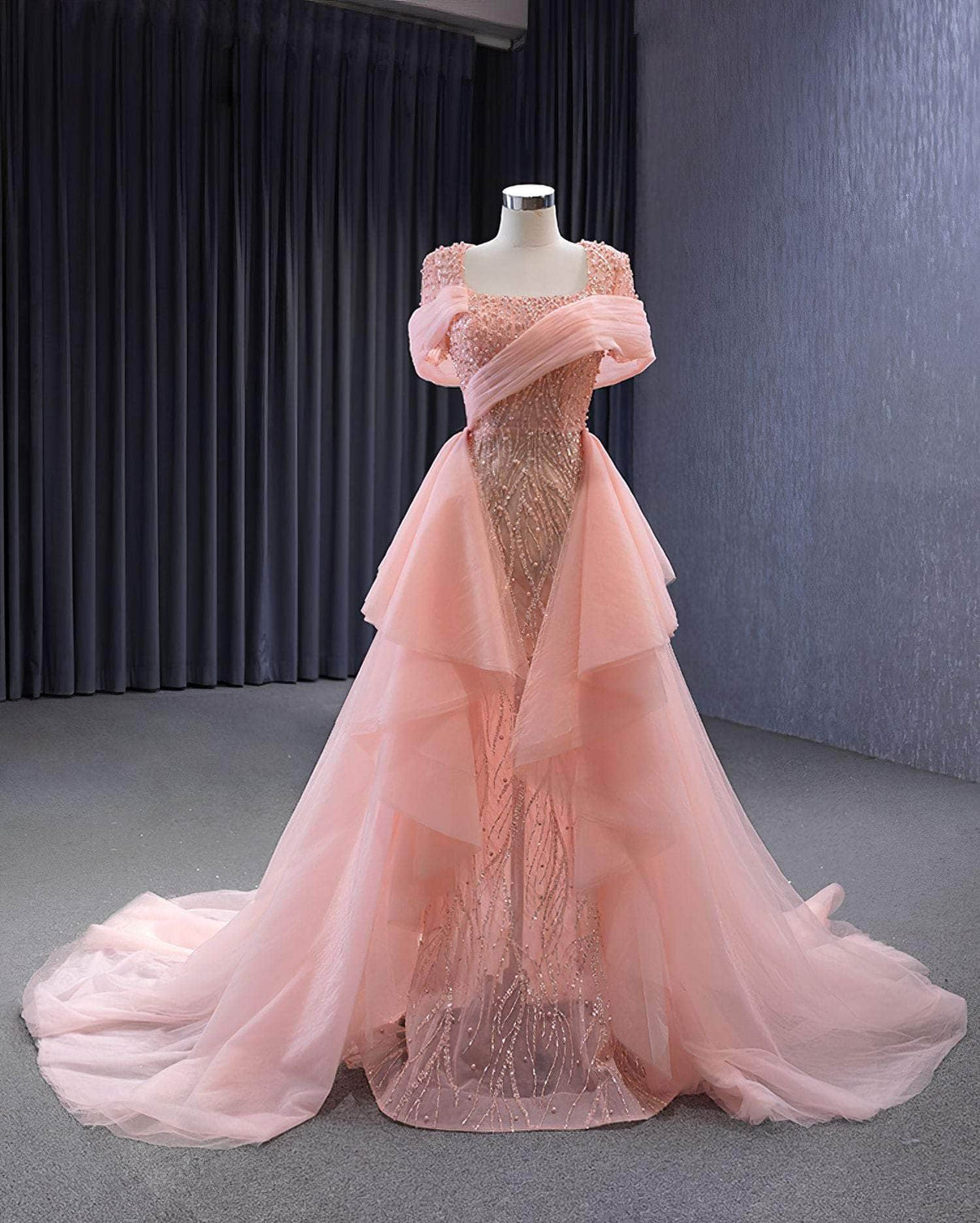 Pink Beaded Detachable Mermaid Prom Dress - AVQ528 US 2 / LightSalmon