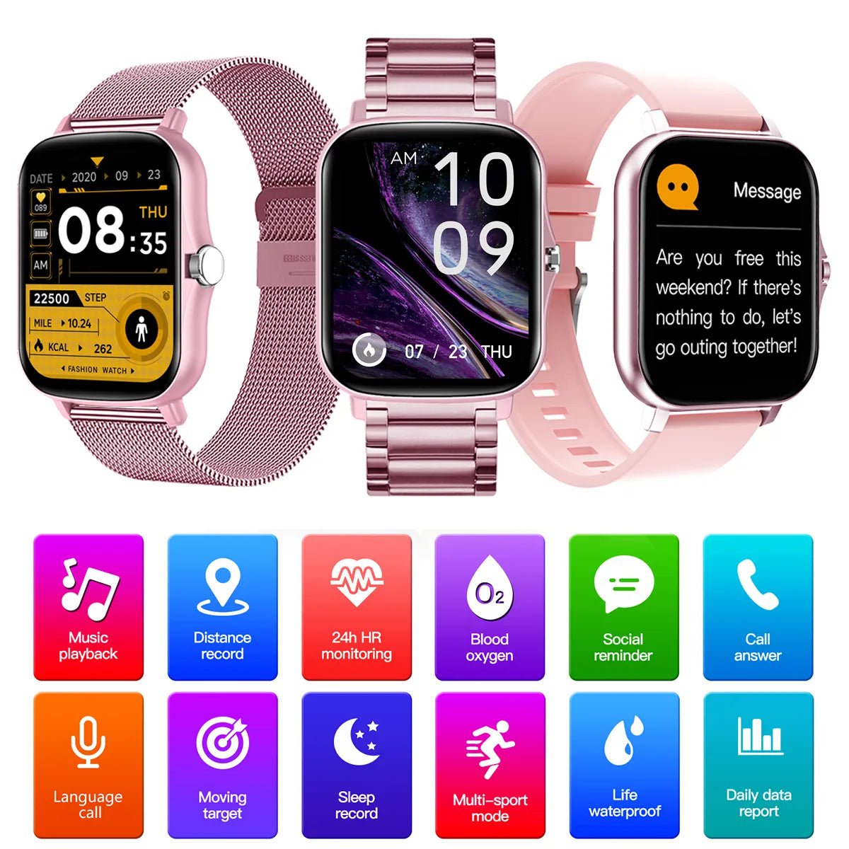 Pink Color Smart Watch for Women: Ladies Smartwatch, Silicone and Stainless Steel, SmartClock for Android & iOS, Female Fitness Tracker