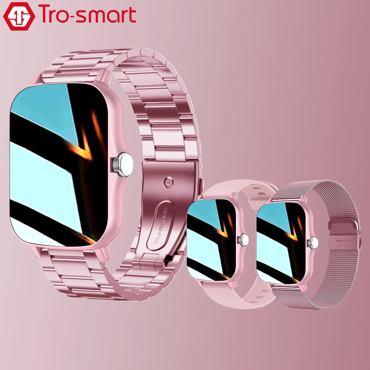 Pink Color Smart Watch for Women: Ladies Smartwatch, Silicone and Stainless Steel, SmartClock for Android & iOS, Female Fitness Tracker