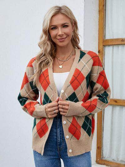 Plaid Contrast Button Up Cardigan Camel / S