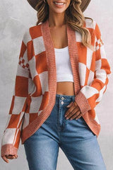 Plaid Open Front Dropped Shoulder Cardigan Pumpkin / S