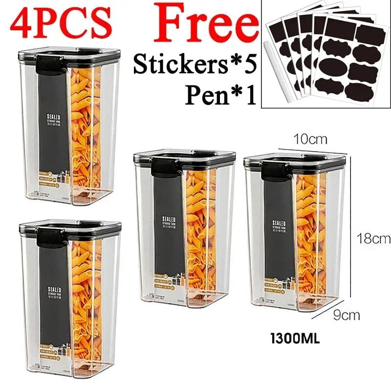 Plastic Food Storage Box Sets - Stackable Kitchen Sealed Jars for Multigrain, Dried Fruit, Tea, and More 1300ml x4