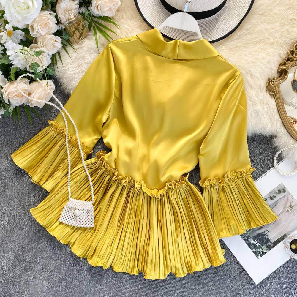 Pleat Detailed Flared Sleeves Wrapped Peplum Top