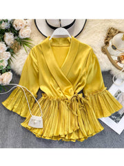 Pleat Detailed Flared Sleeves Wrapped Peplum Top MAX SIZE / Yellow