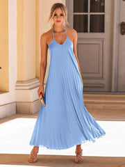 Pleated Halter Neck Sleeveless Dress Misty  Blue / S