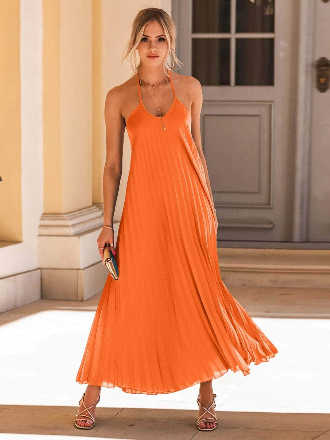 Pleated Halter Neck Sleeveless Dress Pumpkin / S