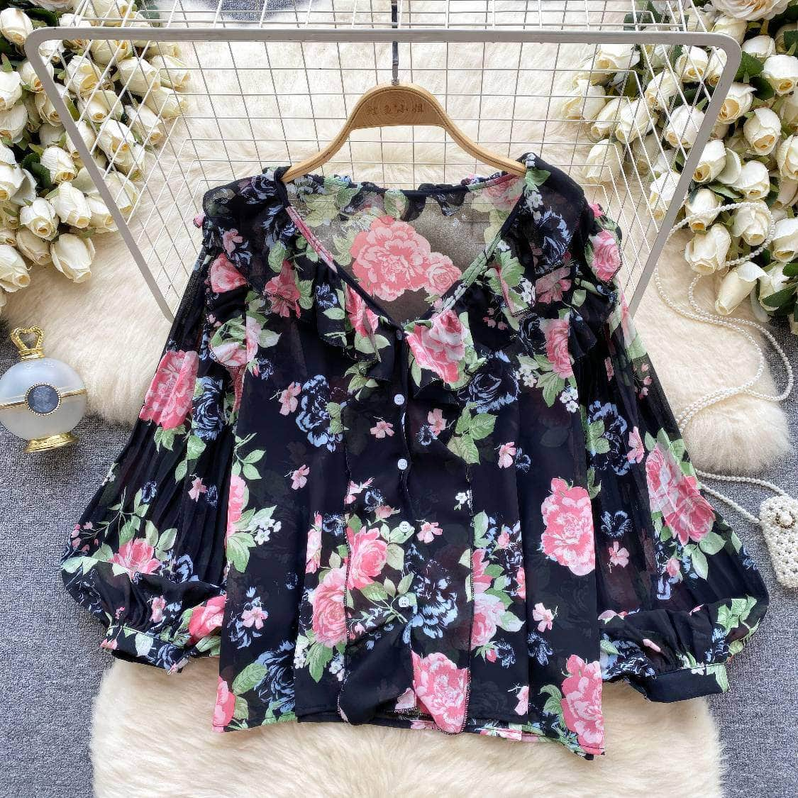 Pleated Lantern Sleeves Scalloped Neck Floral Print Blouse