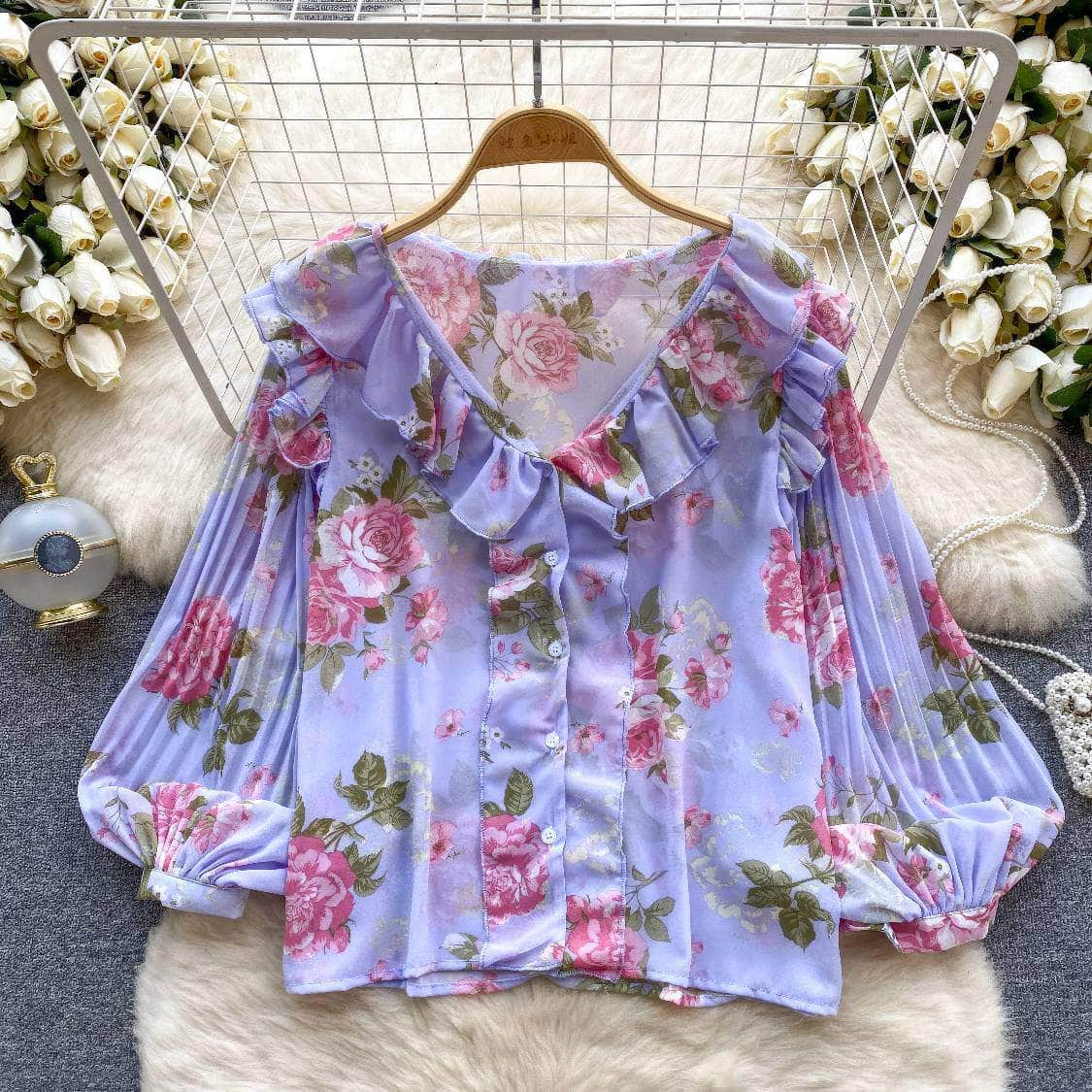 Pleated Lantern Sleeves Scalloped Neck Floral Print Blouse