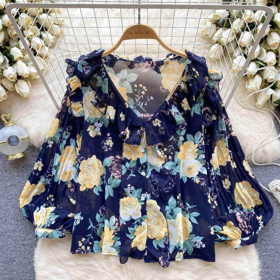 Pleated Lantern Sleeves Scalloped Neck Floral Print Blouse