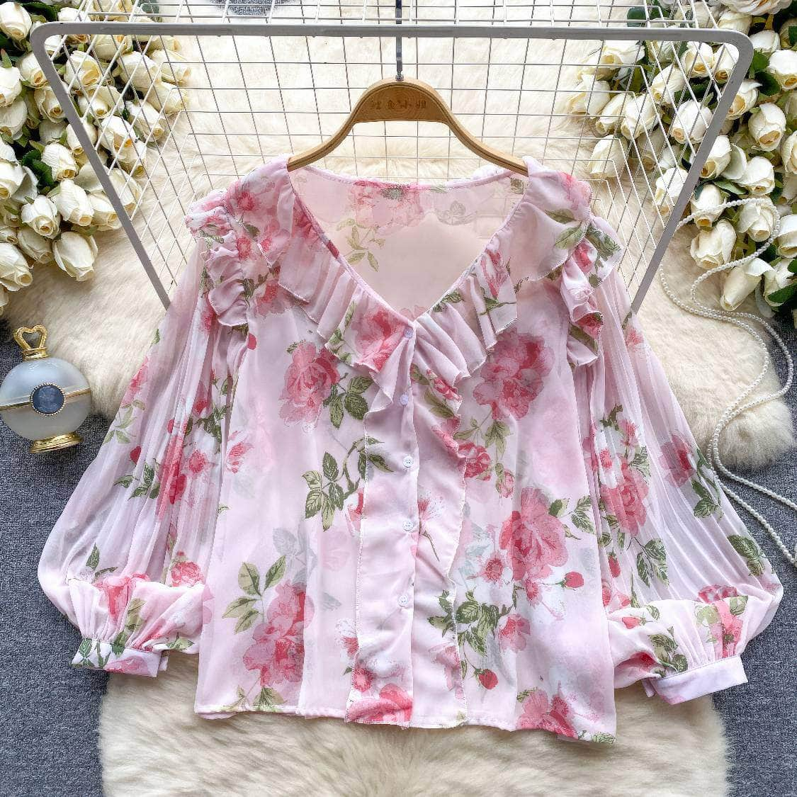 Pleated Lantern Sleeves Scalloped Neck Floral Print Blouse