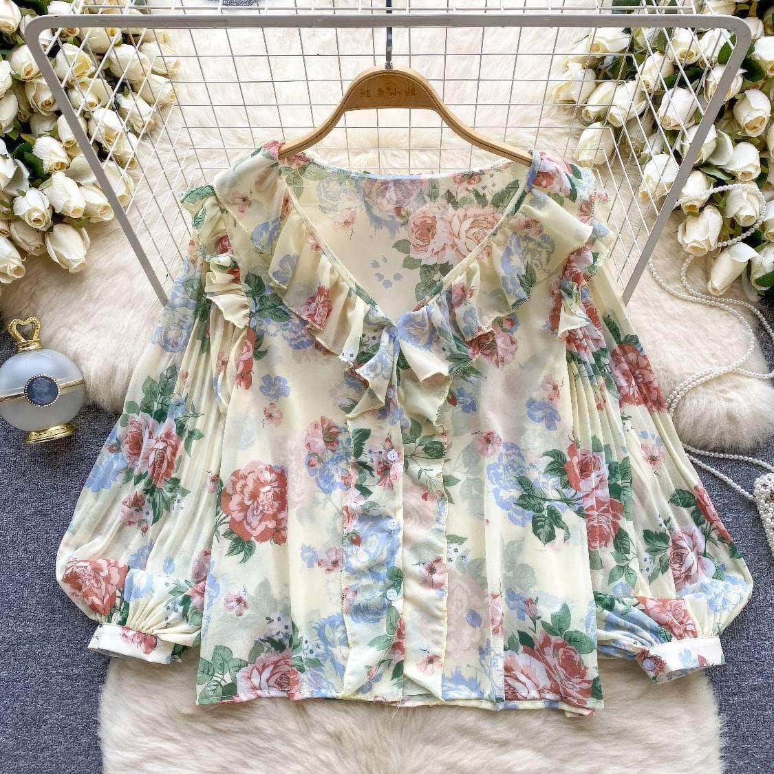 Pleated Lantern Sleeves Scalloped Neck Floral Print Blouse