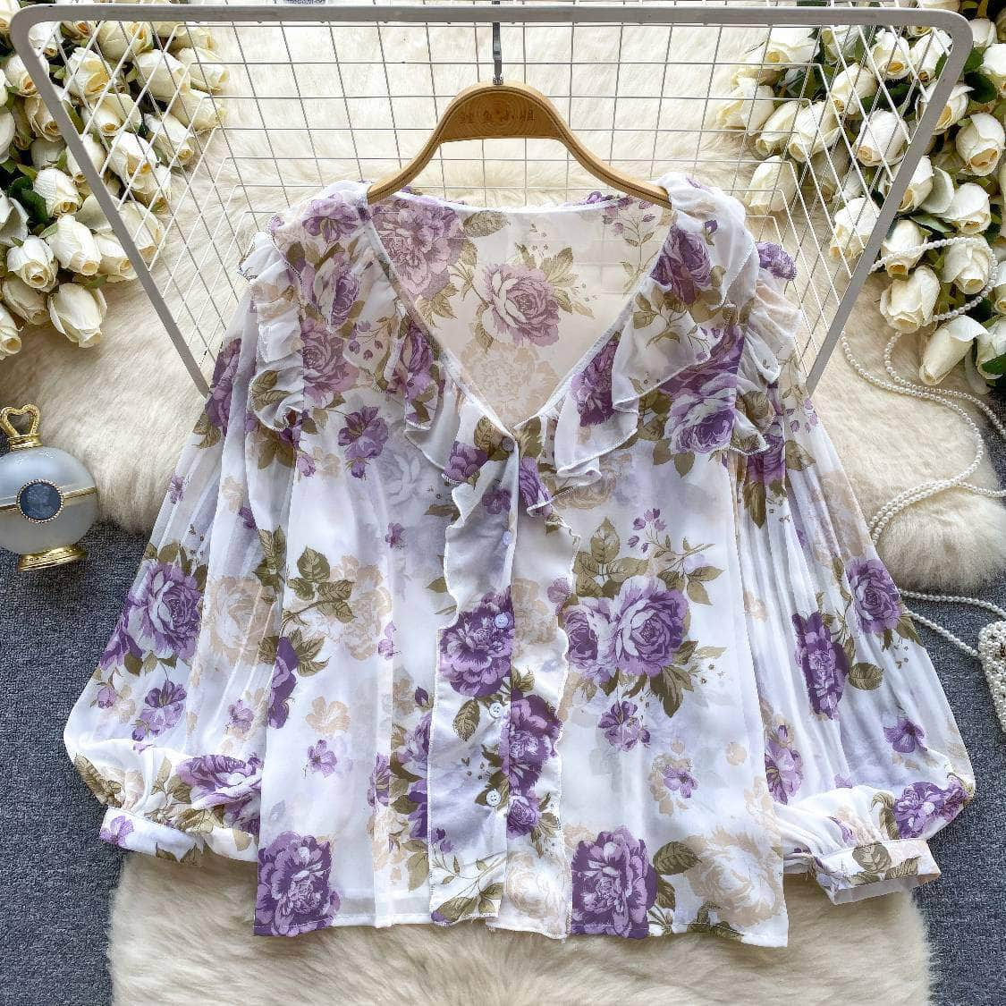 Pleated Lantern Sleeves Scalloped Neck Floral Print Blouse