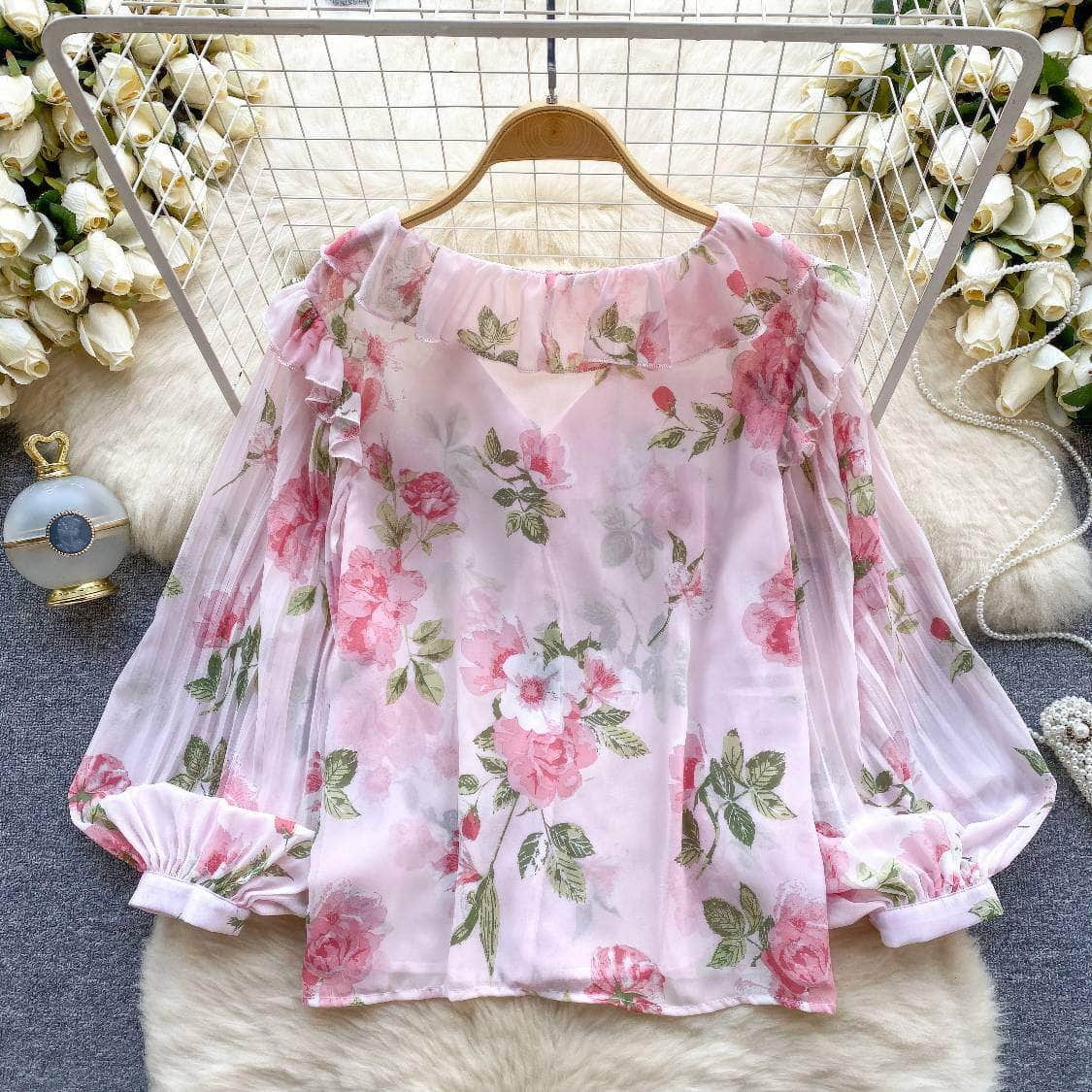 Pleated Lantern Sleeves Scalloped Neck Floral Print Blouse