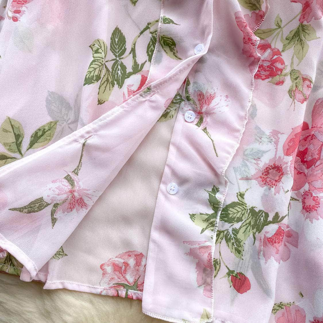 Pleated Lantern Sleeves Scalloped Neck Floral Print Blouse