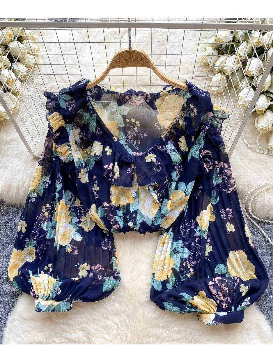 Pleated Lantern Sleeves Scalloped Neck Floral Print Blouse