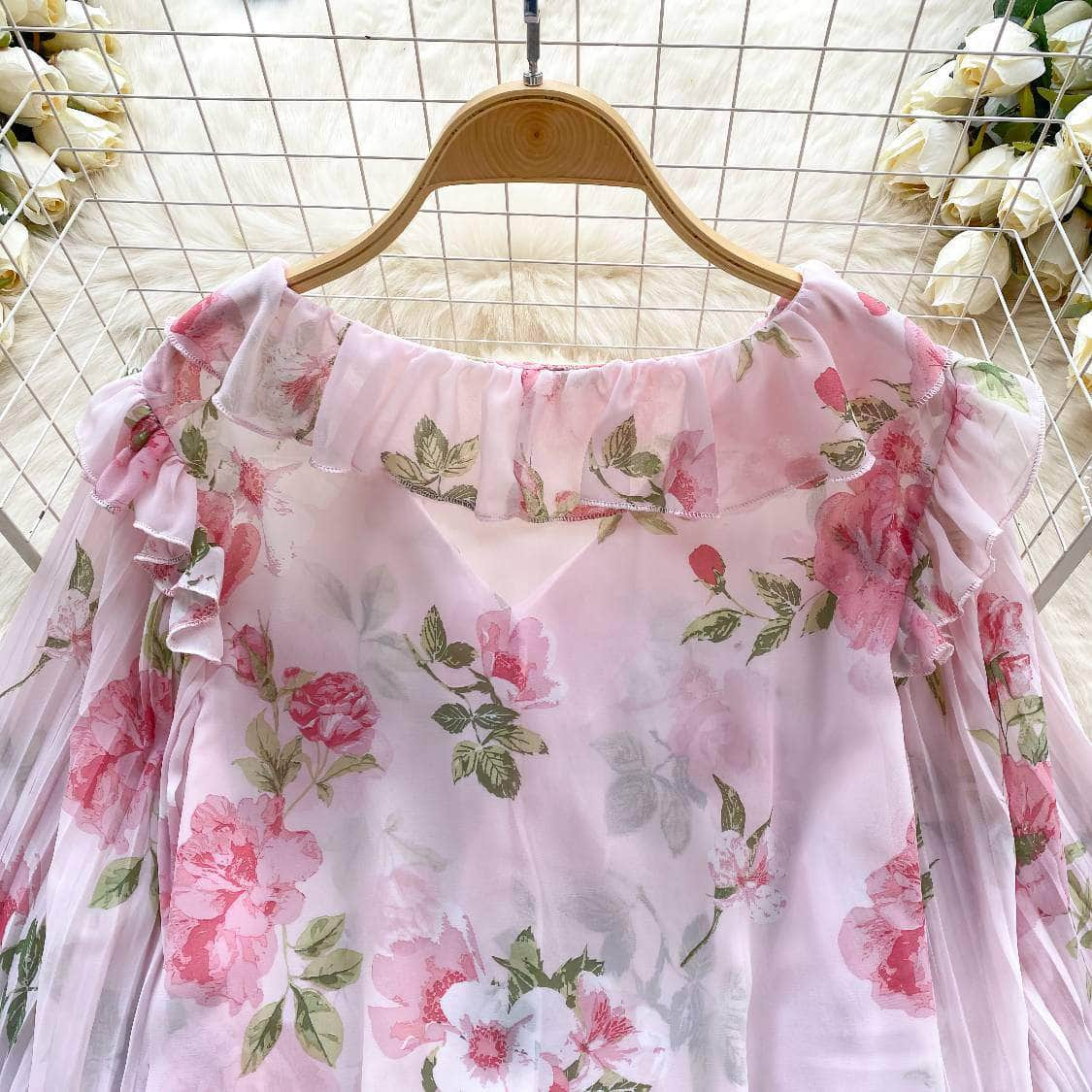 Pleated Lantern Sleeves Scalloped Neck Floral Print Blouse