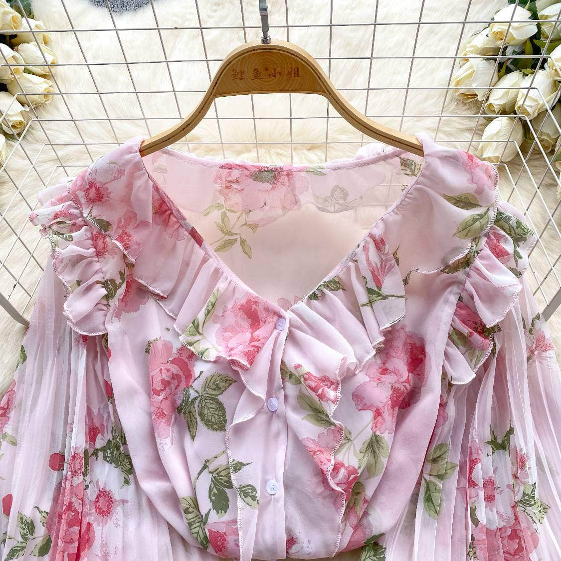 Pleated Lantern Sleeves Scalloped Neck Floral Print Blouse