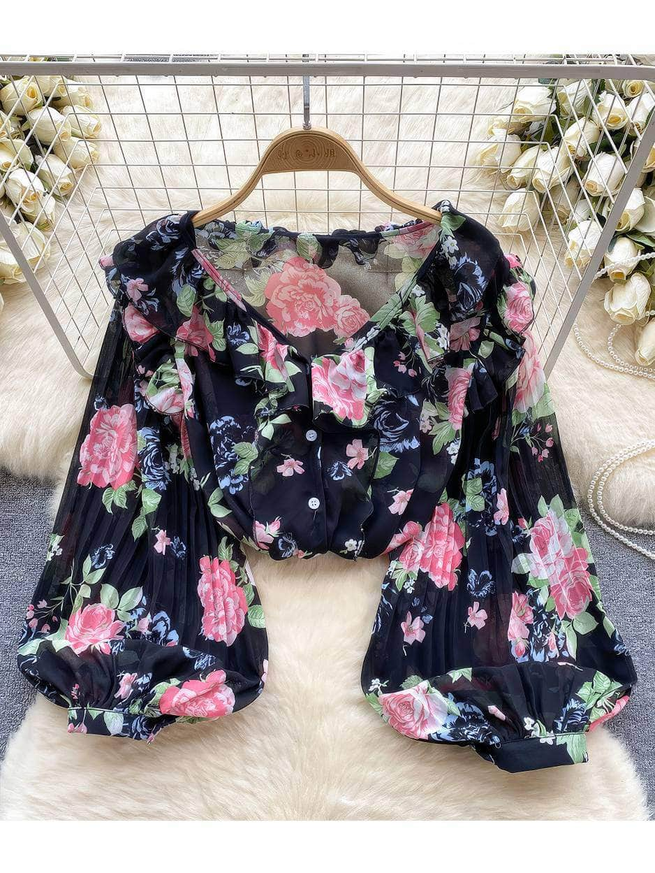 Pleated Lantern Sleeves Scalloped Neck Floral Print Blouse MAX SIZE / Black