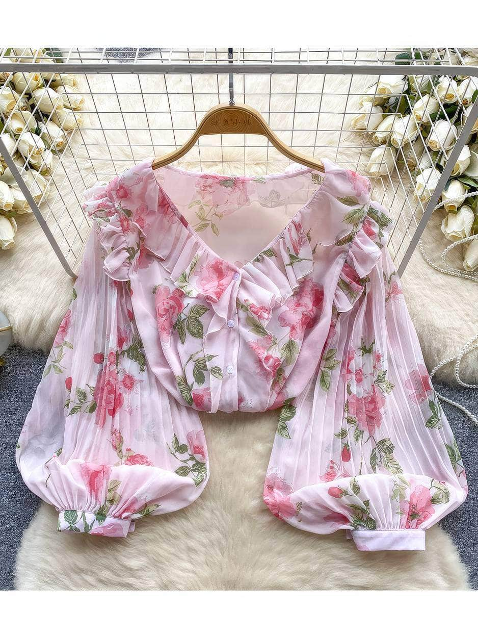 Pleated Lantern Sleeves Scalloped Neck Floral Print Blouse MAX SIZE / Pink