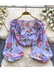 Pleated Lantern Sleeves Scalloped Neck Floral Print Blouse MAX SIZE / Purple