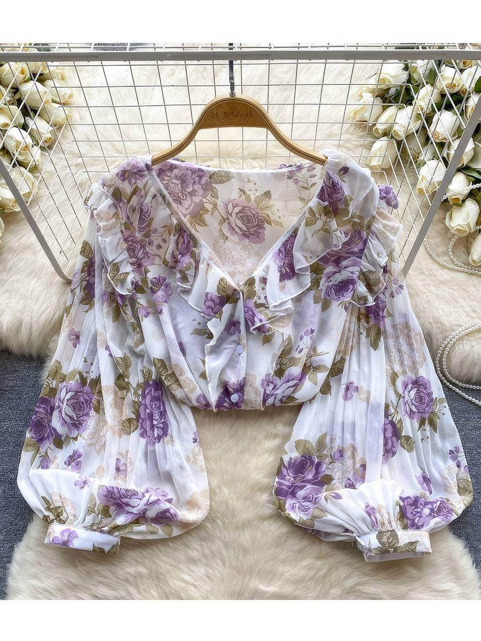 Pleated Lantern Sleeves Scalloped Neck Floral Print Blouse MAX SIZE / White