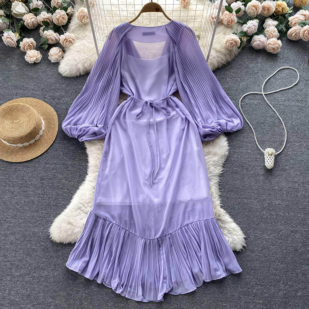 Pleated Lantern Sleeves V-neck Midi Dress MAX SIZE / Plum