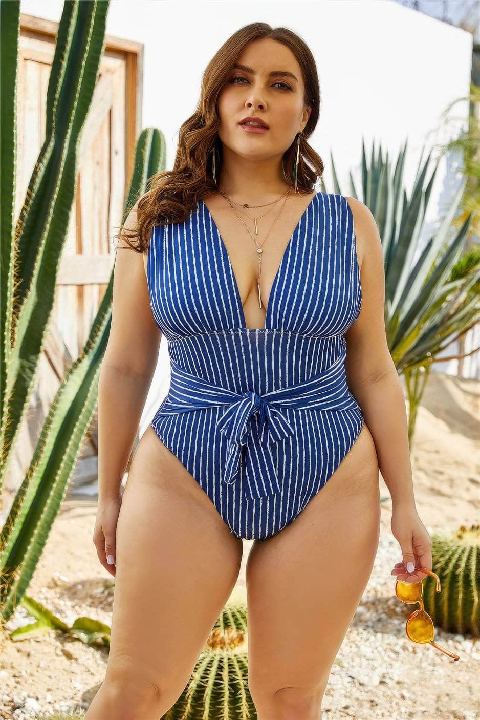 Plus Size Blue Stripe One-Piece Swimwear