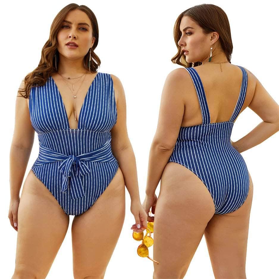 Plus Size Blue Stripe One-Piece Swimwear