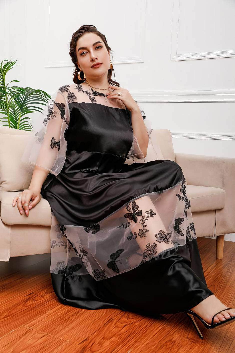 Plus Size Butterfly Embroidered Sleeves Mesh Satin Dress