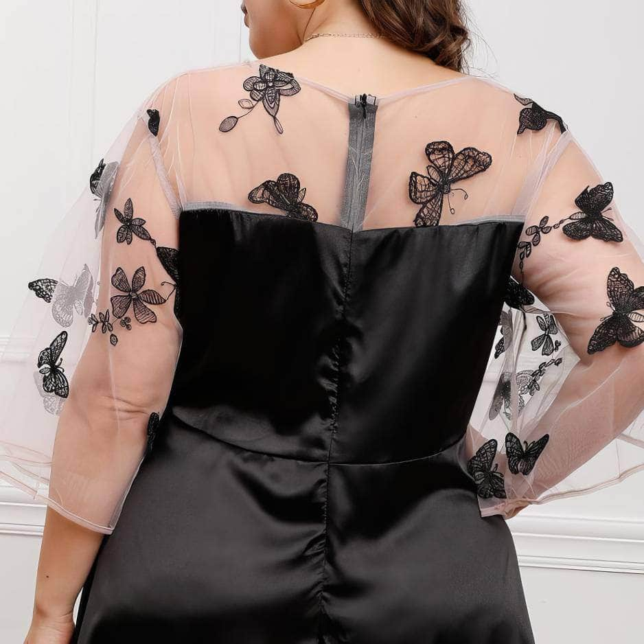 Plus Size Butterfly Embroidered Sleeves Mesh Satin Dress