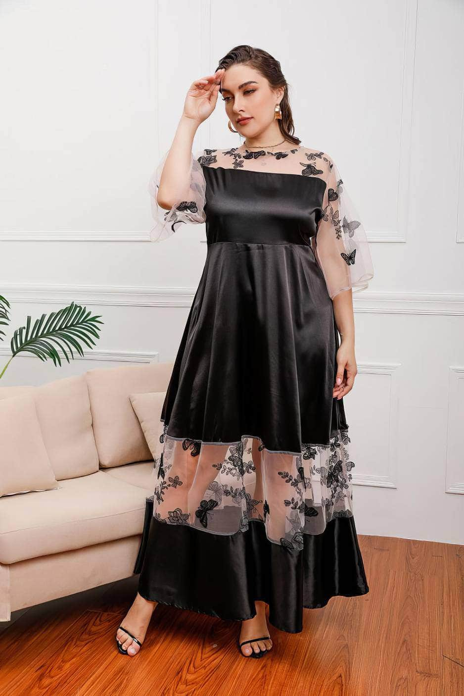 Plus Size Butterfly Embroidered Sleeves Mesh Satin Dress