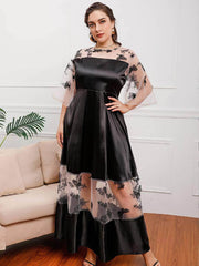 Plus Size Butterfly Embroidered Sleeves Mesh Satin Dress