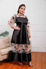 Plus Size Butterfly Embroidered Sleeves Mesh Satin Dress