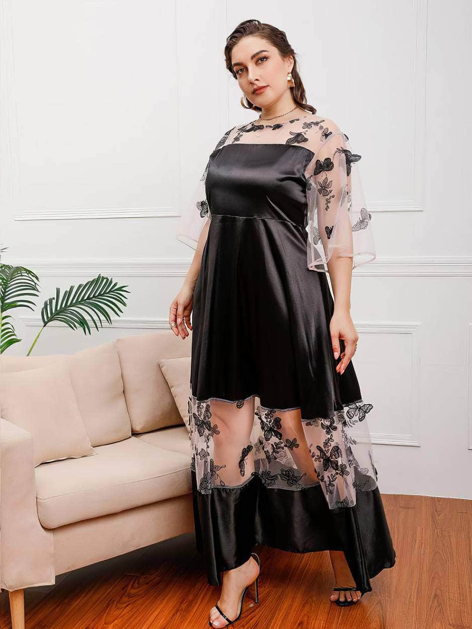 Plus Size Butterfly Embroidered Sleeves Mesh Satin Dress US 16-18 / Black