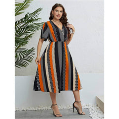 Plus Size Butterfly Sleeves Striped Polka Dot Flared Dress