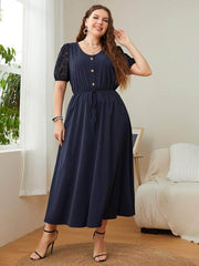 Plus Size Buttoned Down Drawstring Lace Sleeves Dress