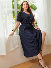 Plus Size Buttoned Down Drawstring Lace Sleeves Dress