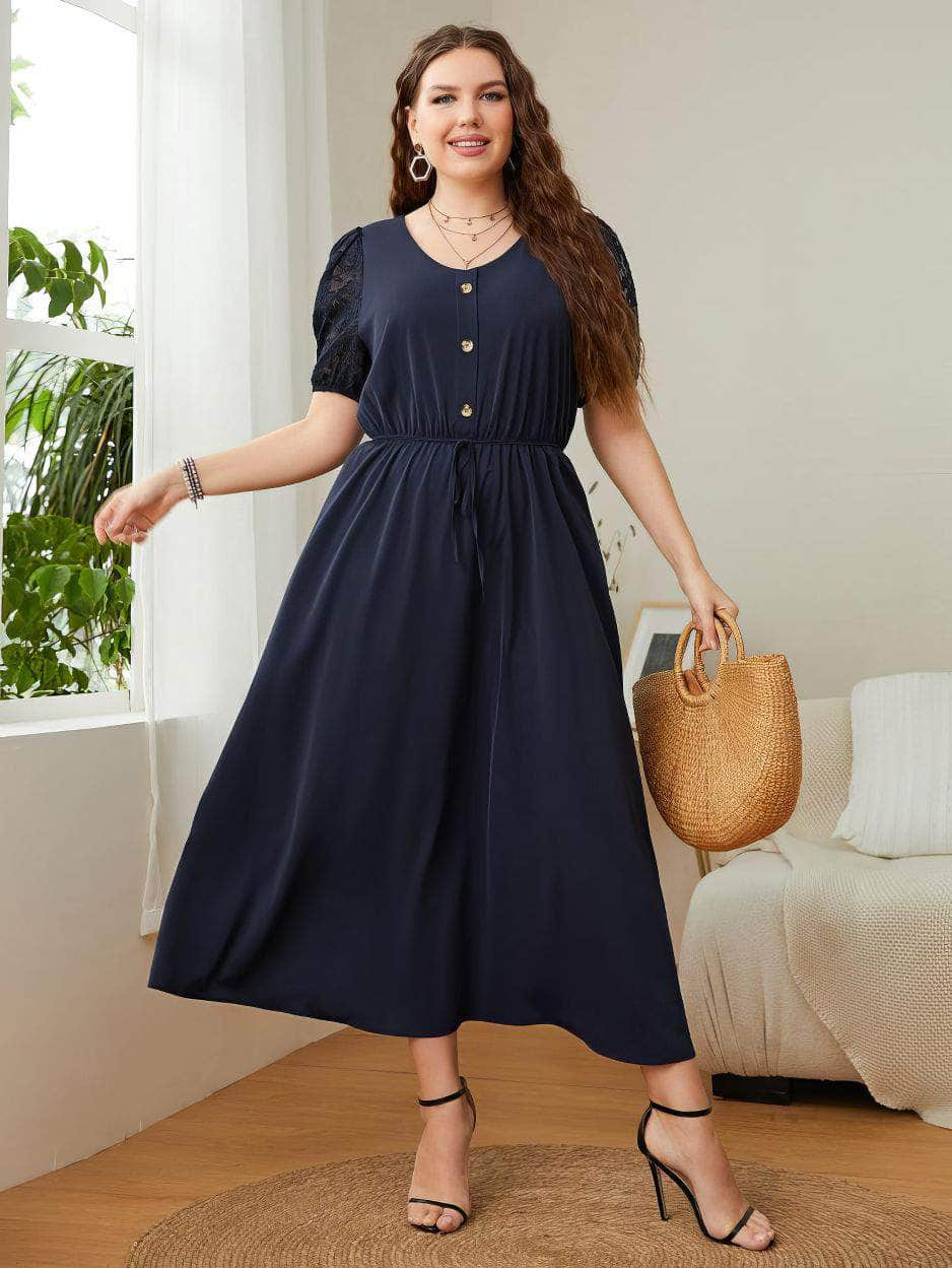 Plus Size Buttoned Down Drawstring Lace Sleeves Dress