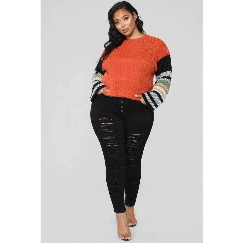 Plus Size Buttoned-Up Ripped Skinny Stretch Jeans