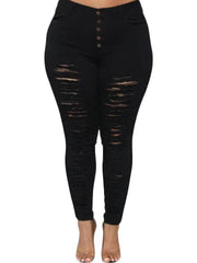 Plus Size Buttoned-Up Ripped Skinny Stretch Jeans US 12-14 / Black