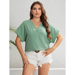 Plus Size Buttoned V-neck Short Sleeves Top