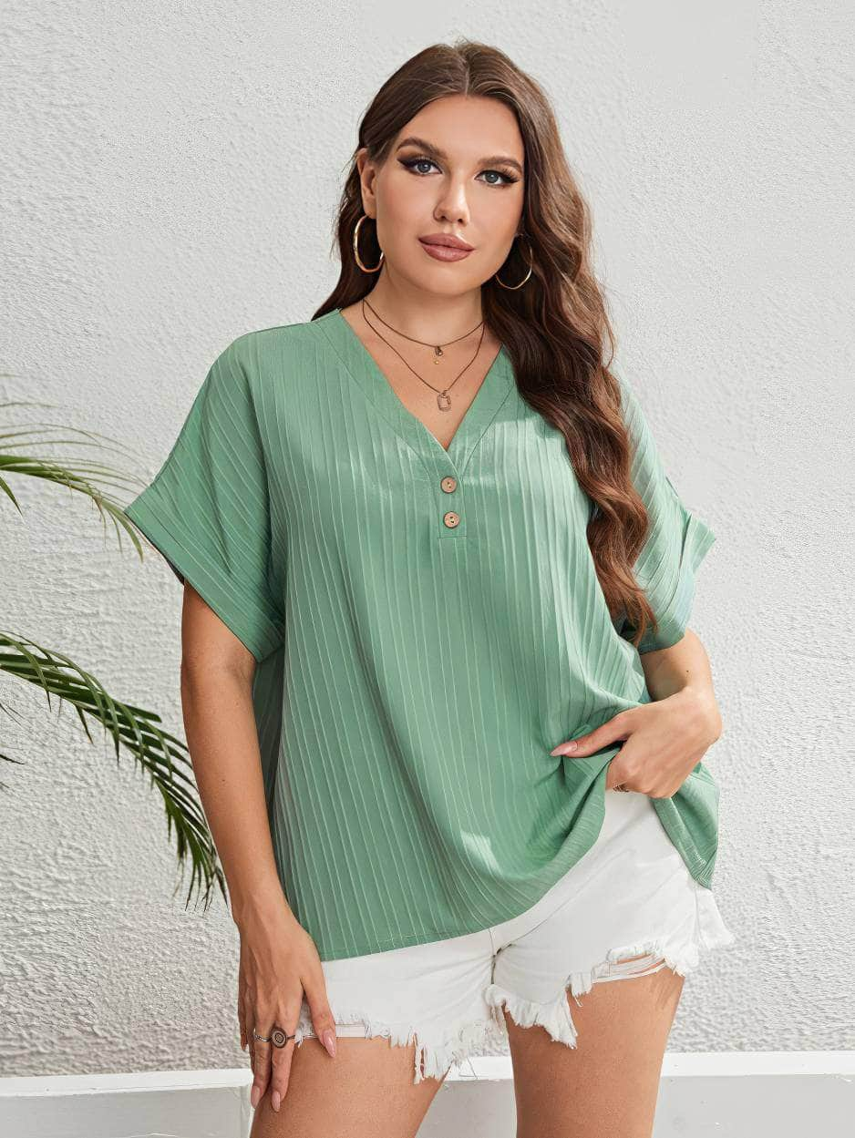 Plus Size Buttoned V-neck Short Sleeves Top US 16-18 / DarkSeaGreen