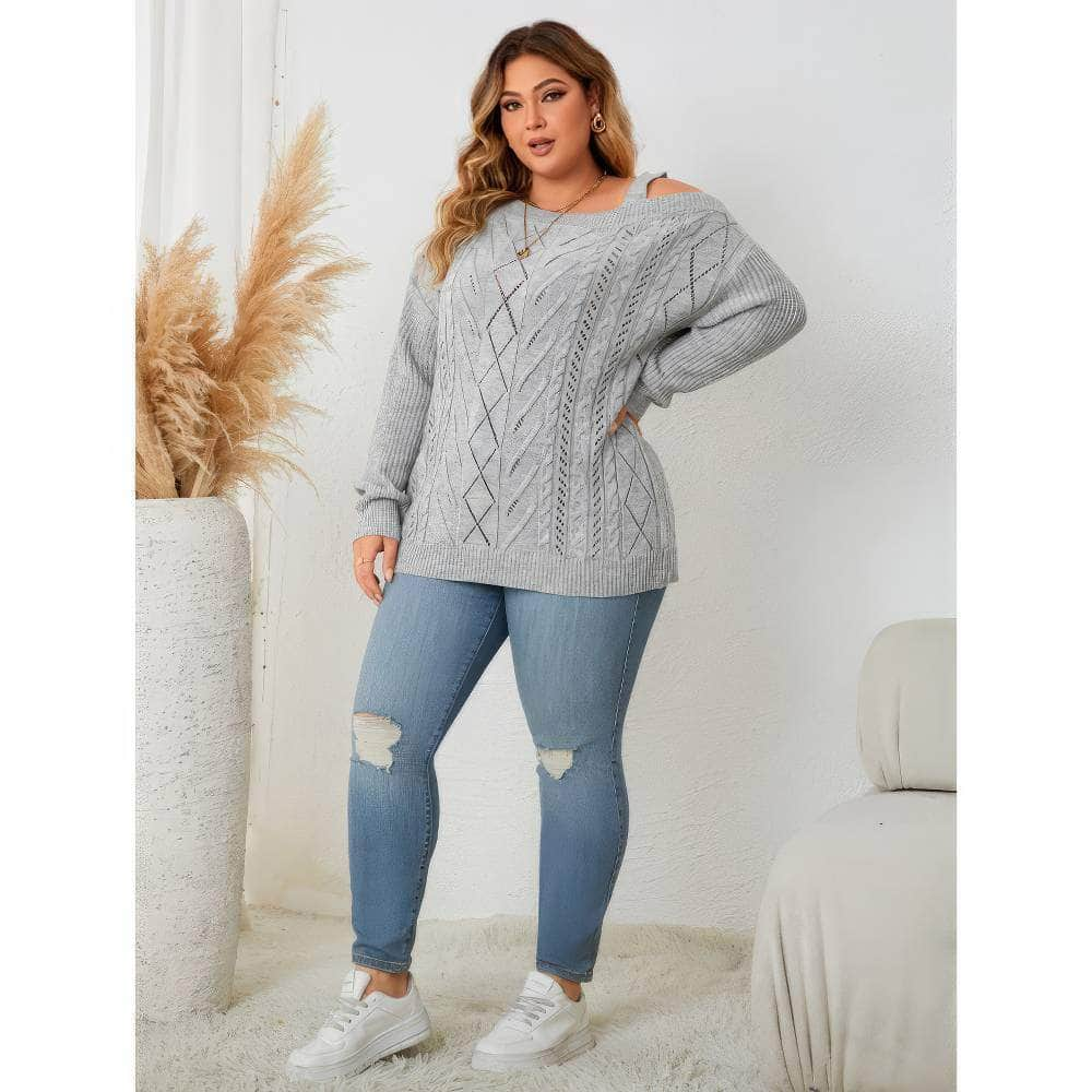 Plus Size Cable Knit Asymmetrical Sleeves Sweater Top