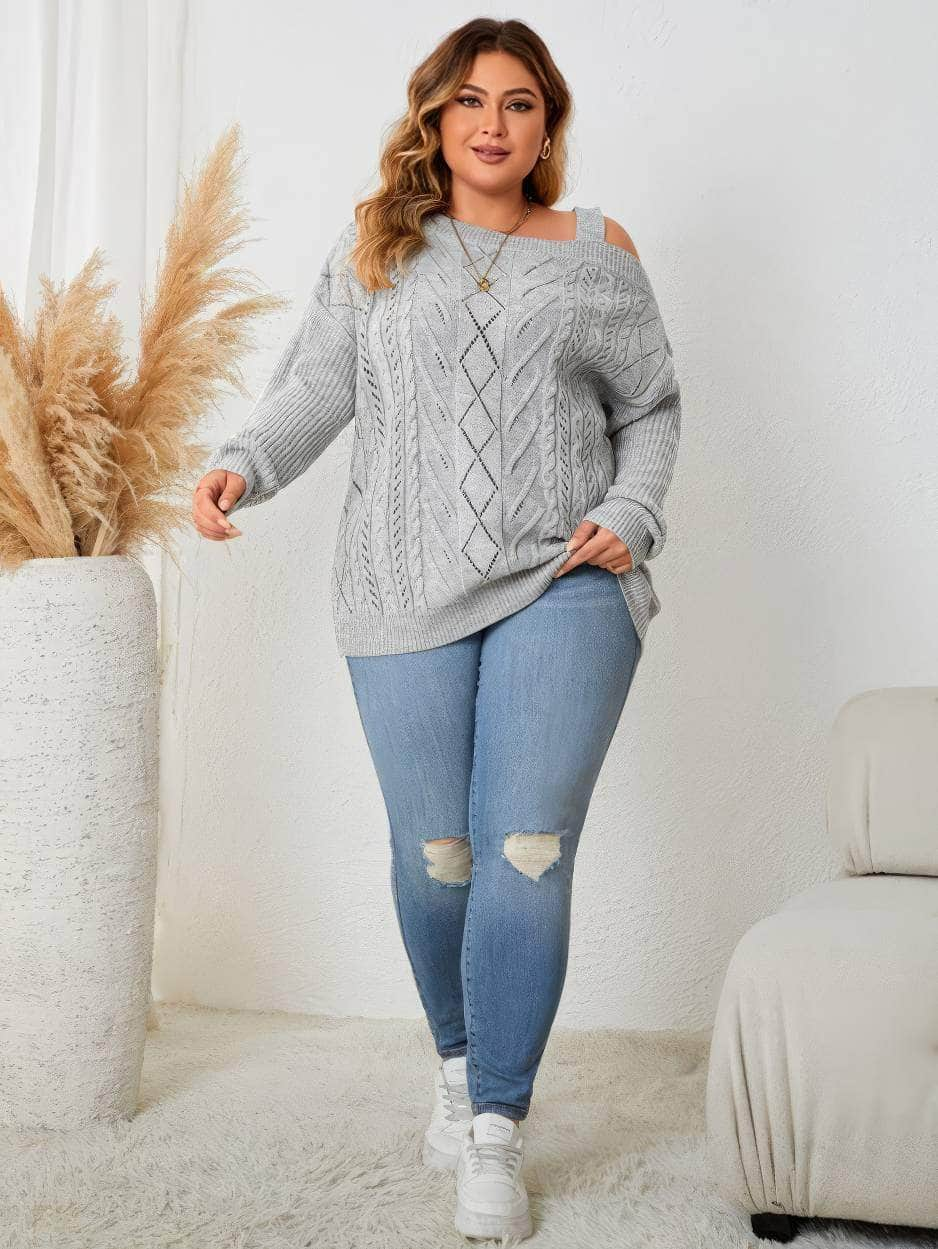 Plus Size Cable Knit Asymmetrical Sleeves Sweater Top US 16-18 / LightGray