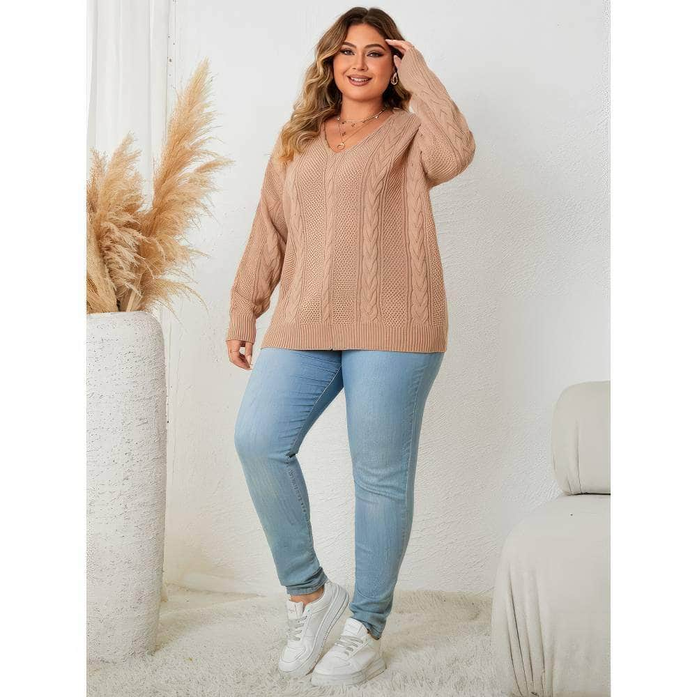 Plus Size Cable Ribbed Knit V-neck Sweater Top