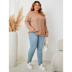 Plus Size Cable Ribbed Knit V-neck Sweater Top